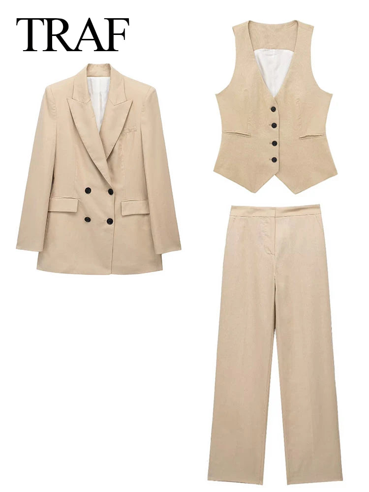 Women Elegant Blazer Vest Pant Set