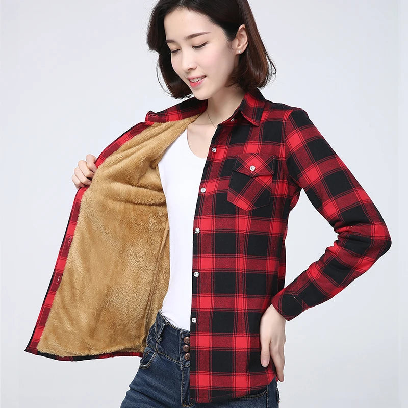 Women Warm Plaid Shirt Coat