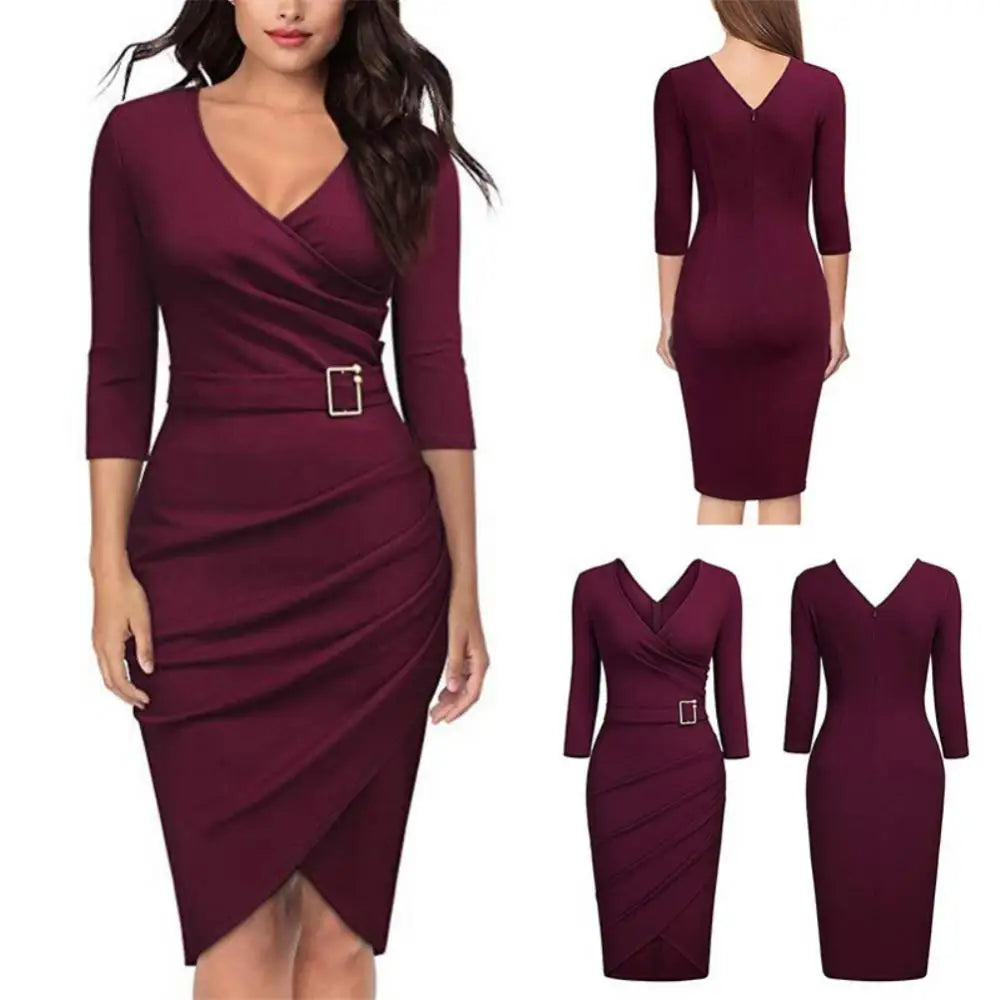 Women V Neck Belted Pencil Dress