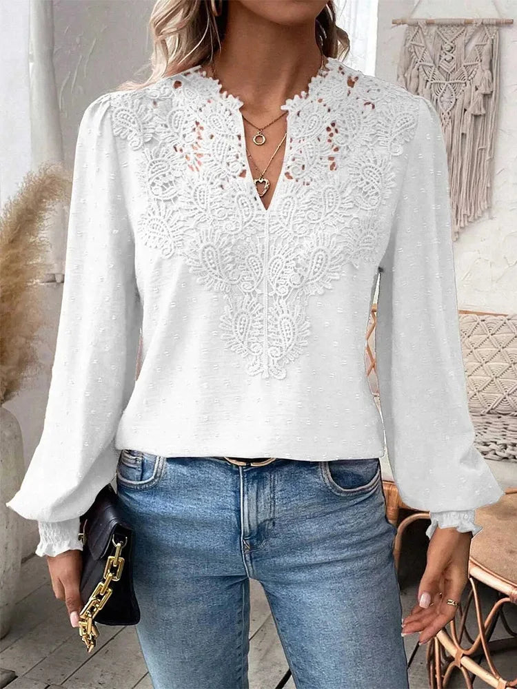 Luxury Lace Hollowed V-Neck Shirt