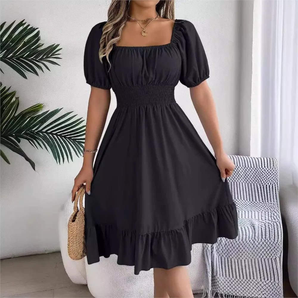 Square Neck Waist Ruffle Edge Dress