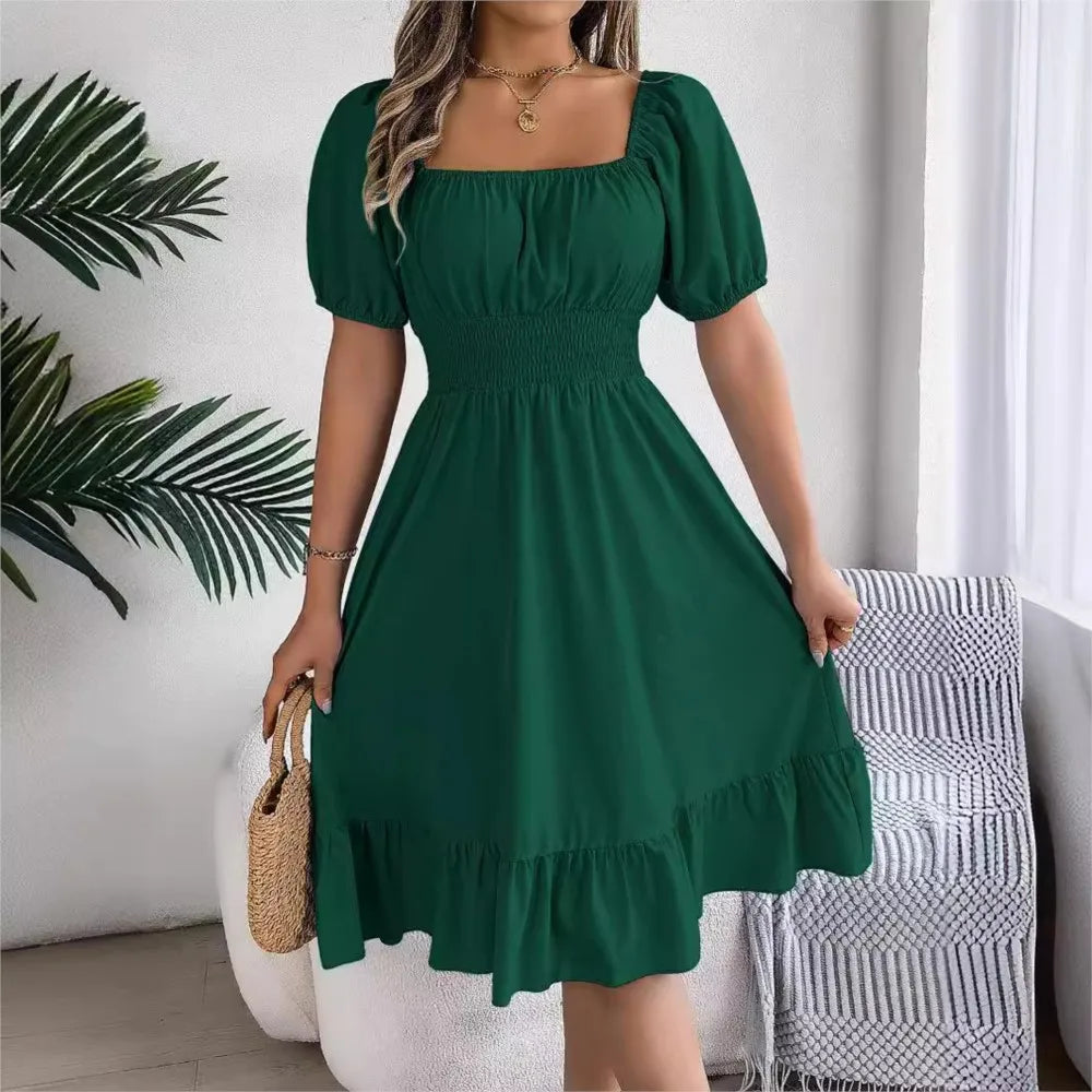 Square Neck Waist Ruffle Edge Dress