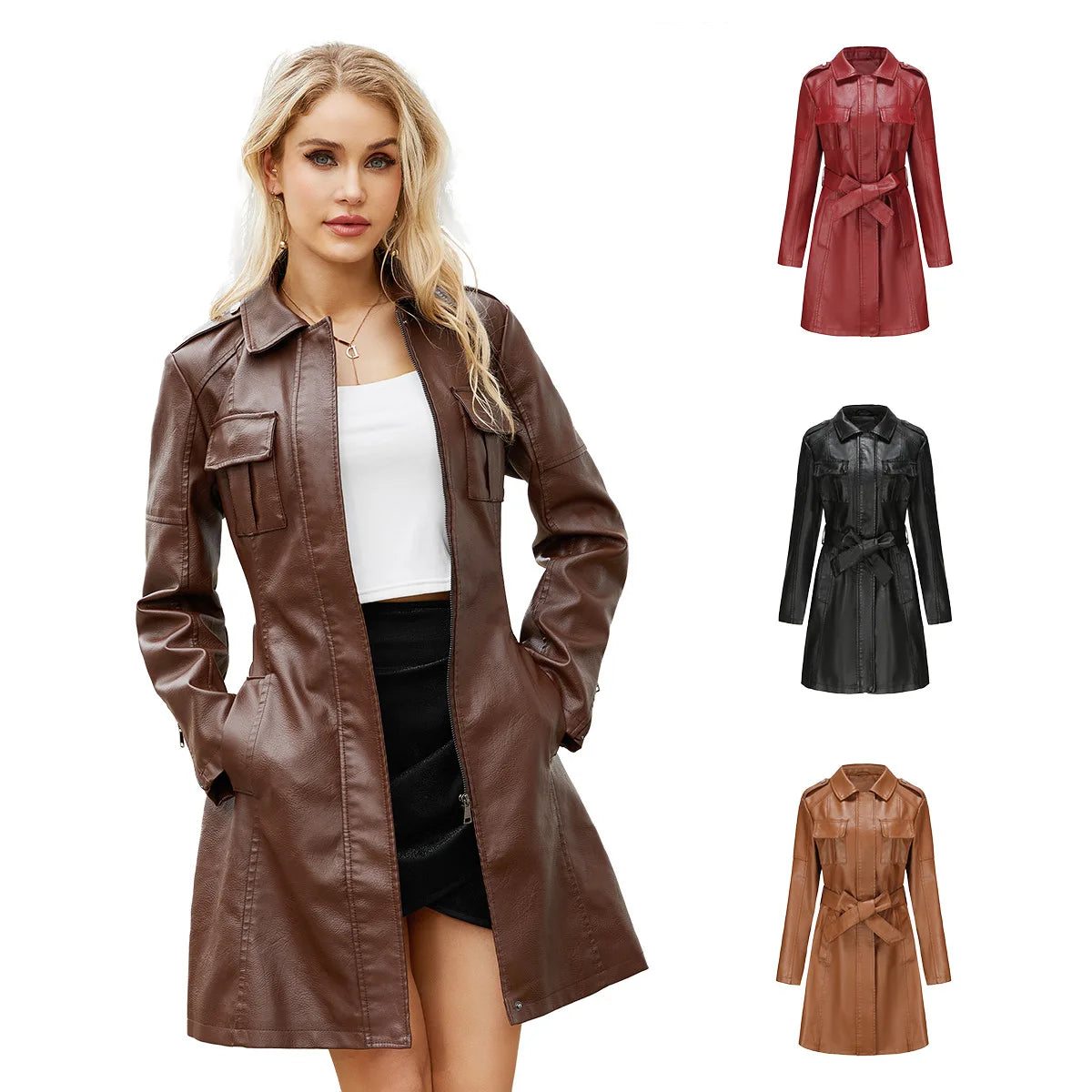 Women Mid-length Leather Trench Coat