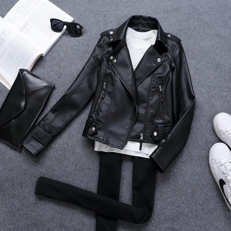 Women Slim PU Leather Jacket