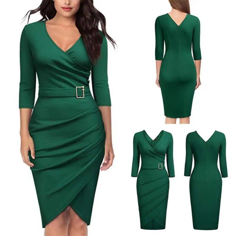 Women V Neck Belted Pencil Dress