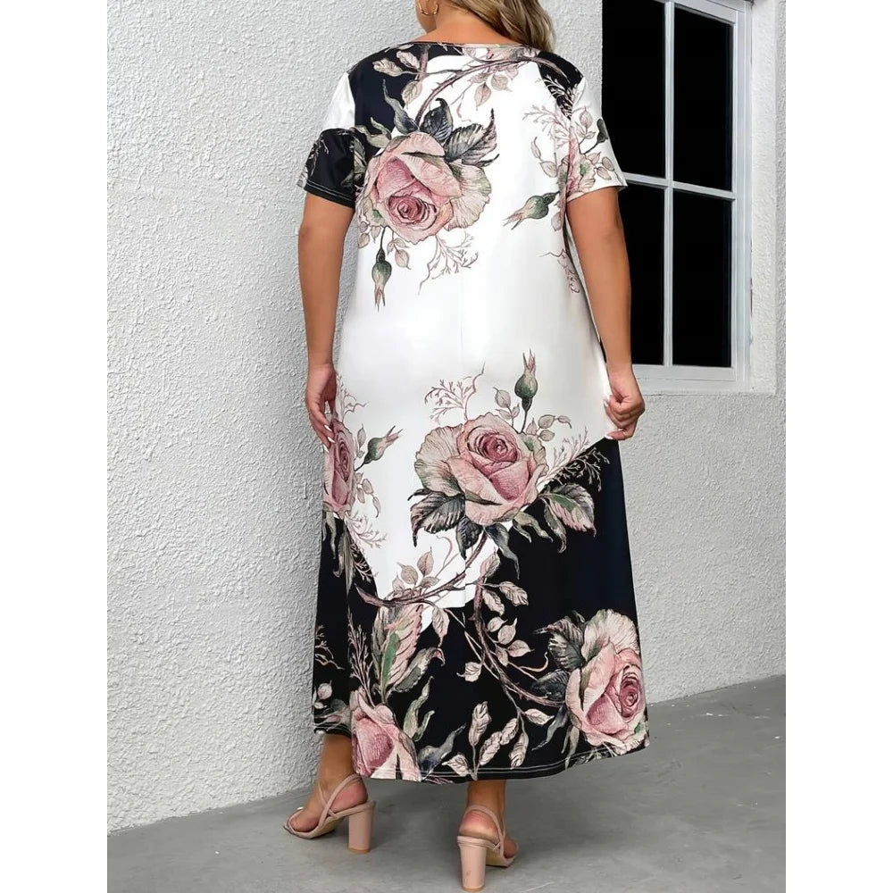 Elegant O-Neck Flowers Printed Dress