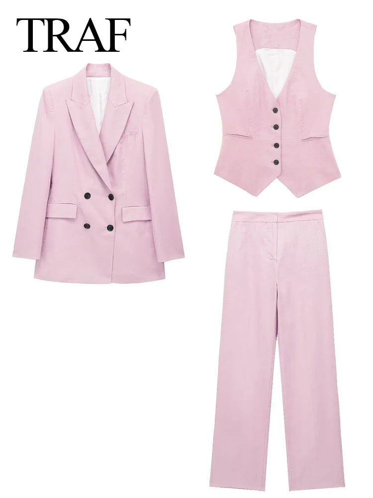 Women Elegant Blazer Vest Pant Set