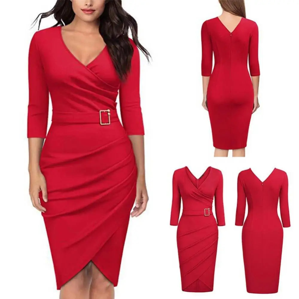 Women V Neck Belted Pencil Dress