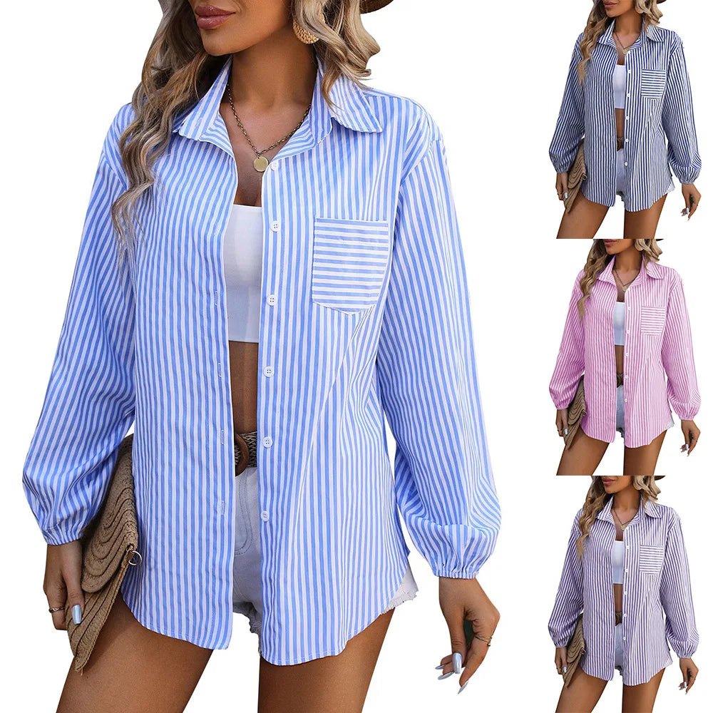 Women Long Sleeve Striped Shirt Top