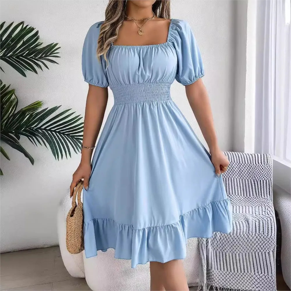 Square Neck Waist Ruffle Edge Dress