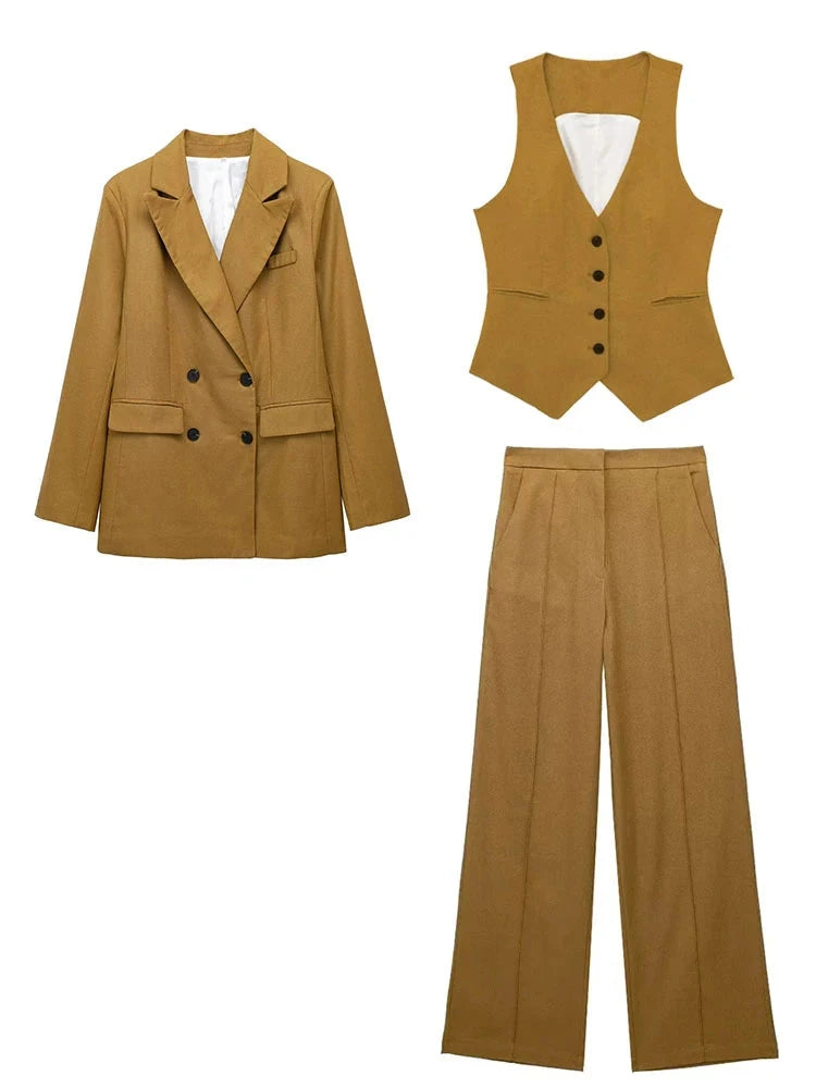 Women Elegant Blazer Vest Pant Set