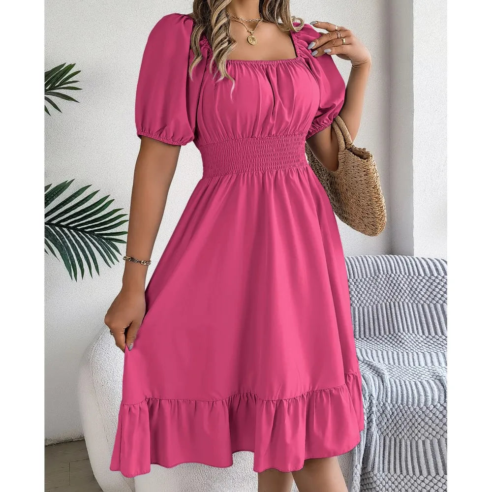 Square Neck Waist Ruffle Edge Dress