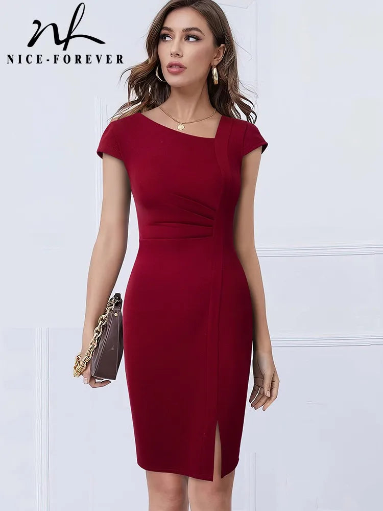 Women Front Split Office Plain Dress