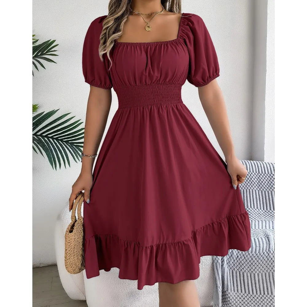 Square Neck Waist Ruffle Edge Dress