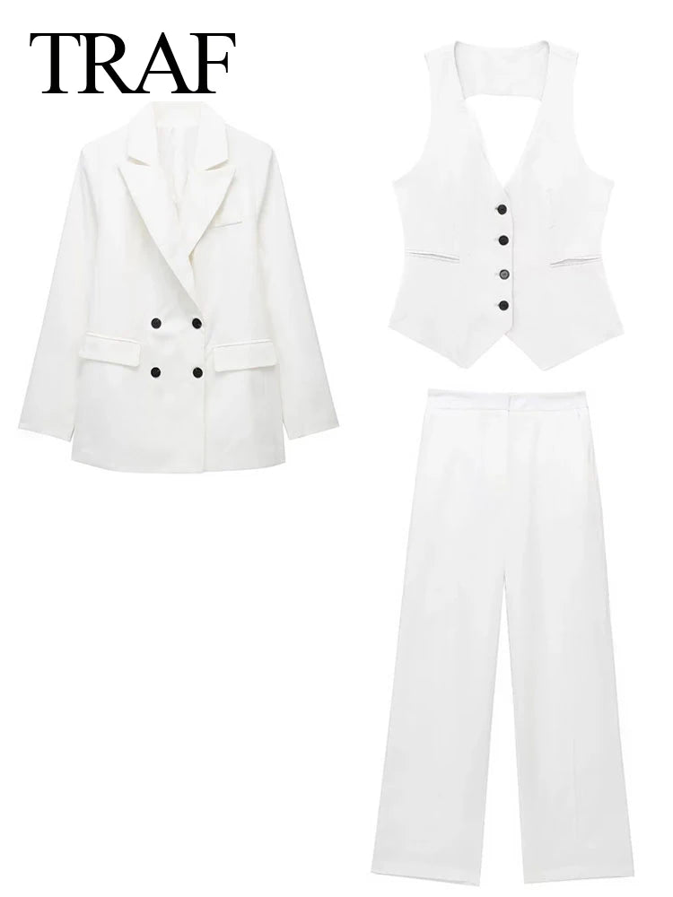 Women Elegant Blazer Vest Pant Set