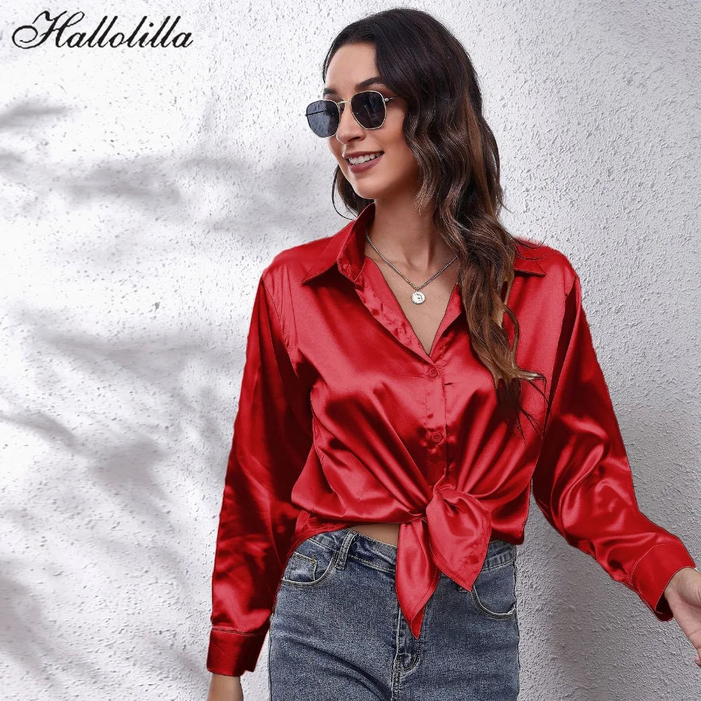 Elegant Long Sleeve Satin Blouse Shirt