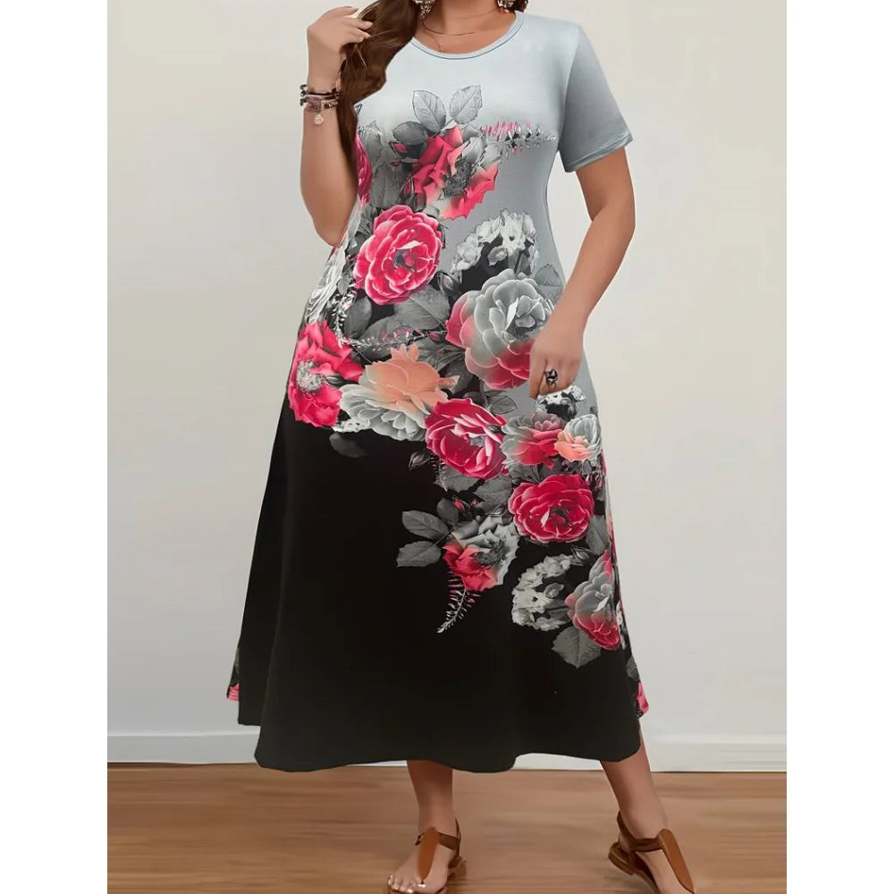 Elegant O-Neck Flowers Printed Dress